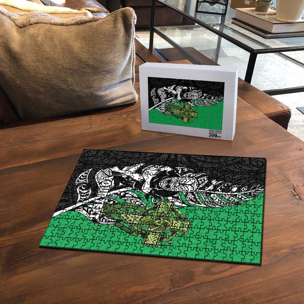 New Zealand and Ireland Rugby Custom Puzzle Maori Tiki Fern Irish Celtic Cross - Polynesian Pride