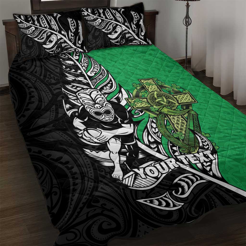 New Zealand and Ireland Rugby Custom Quilt Bed Set Maori Tiki Fern Irish Celtic Cross LT14 Green - Polynesian Pride