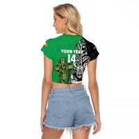 New Zealand and Ireland Rugby Custom Raglan Cropped T Shirt Maori Tiki Fern Irish Celtic Cross LT14 - Polynesian Pride