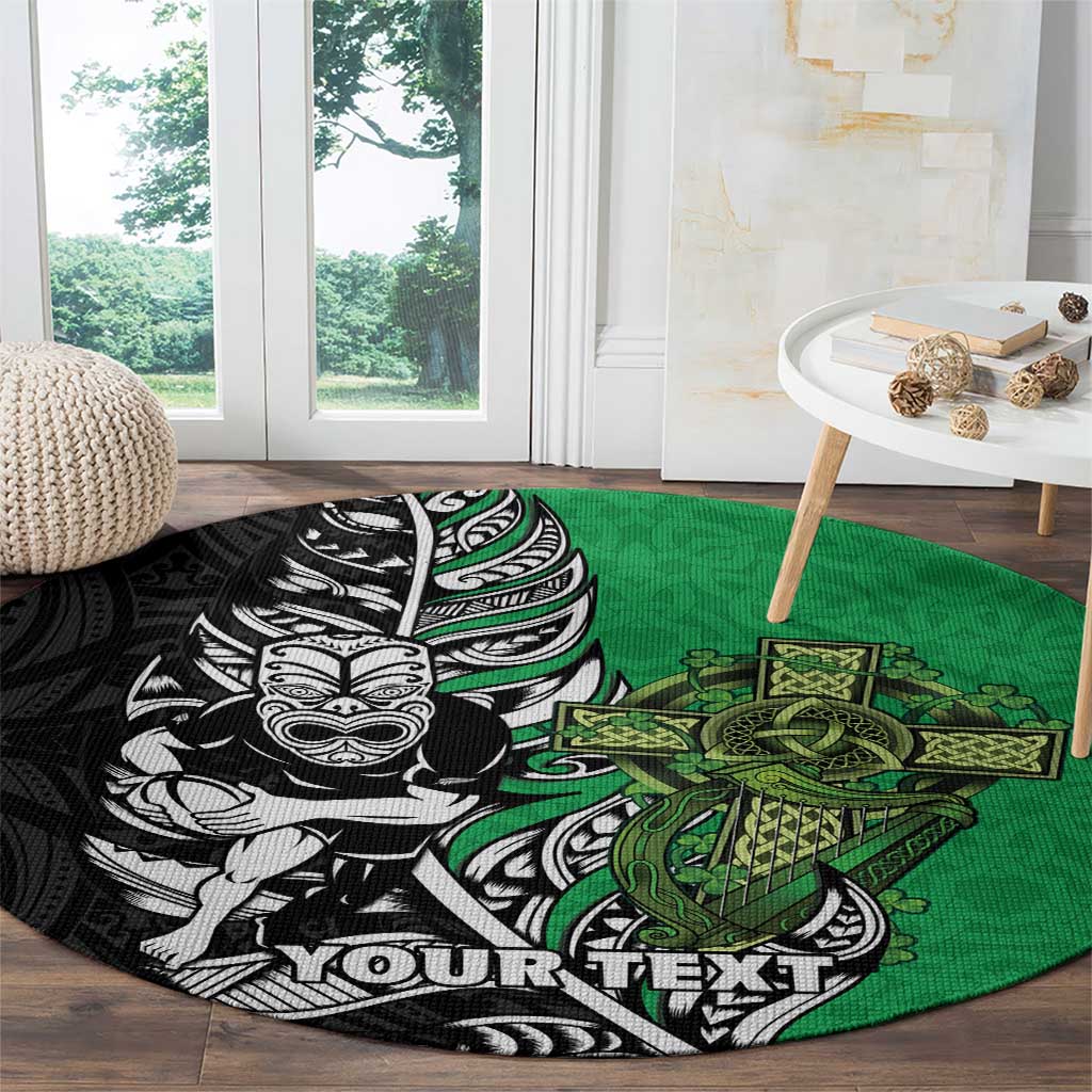 New Zealand and Ireland Rugby Custom Round Carpet Maori Tiki Fern Irish Celtic Cross LT14 - Polynesian Pride