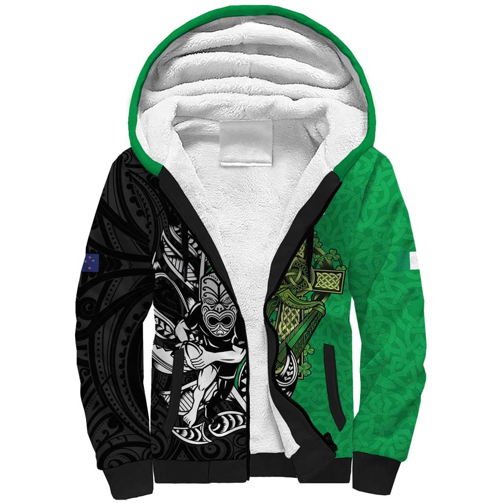 New Zealand and Ireland Rugby Custom Sherpa Hoodie Maori Tiki Fern Irish Celtic Cross LT14 Unisex Green - Polynesian Pride