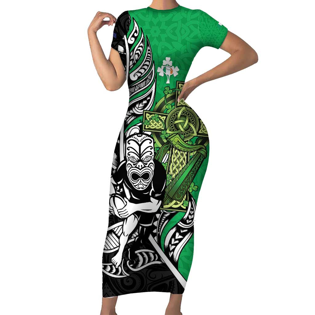 New Zealand and Ireland Rugby Custom Short Sleeve Bodycon Dress Maori Tiki Fern Irish Celtic Cross LT14 Long Dress Green - Polynesian Pride