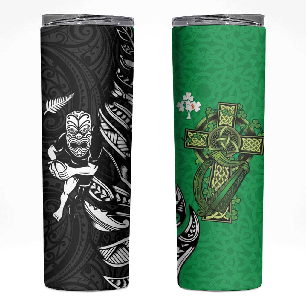 New Zealand and Ireland Rugby Skinny Tumbler Maori Tiki Fern Irish Celtic Cross LT14 Green - Polynesian Pride