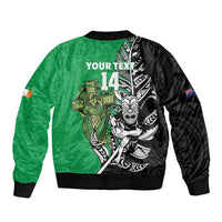New Zealand and Ireland Rugby Custom Sleeve Zip Bomber Jacket Maori Tiki Fern Irish Celtic Cross LT14 - Polynesian Pride