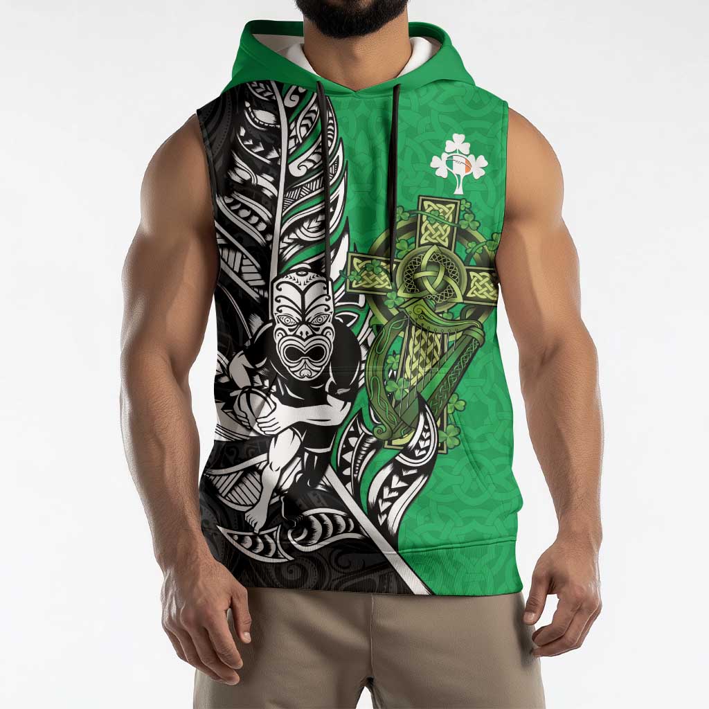 New Zealand and Ireland Rugby Custom Sleeveless Hoodie Maori Tiki Fern Irish Celtic Cross LT14 - Polynesian Pride