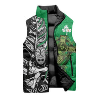 New Zealand and Ireland Rugby Custom Sleeveless Puffer Jacket Maori Tiki Fern Irish Celtic Cross - Polynesian Pride