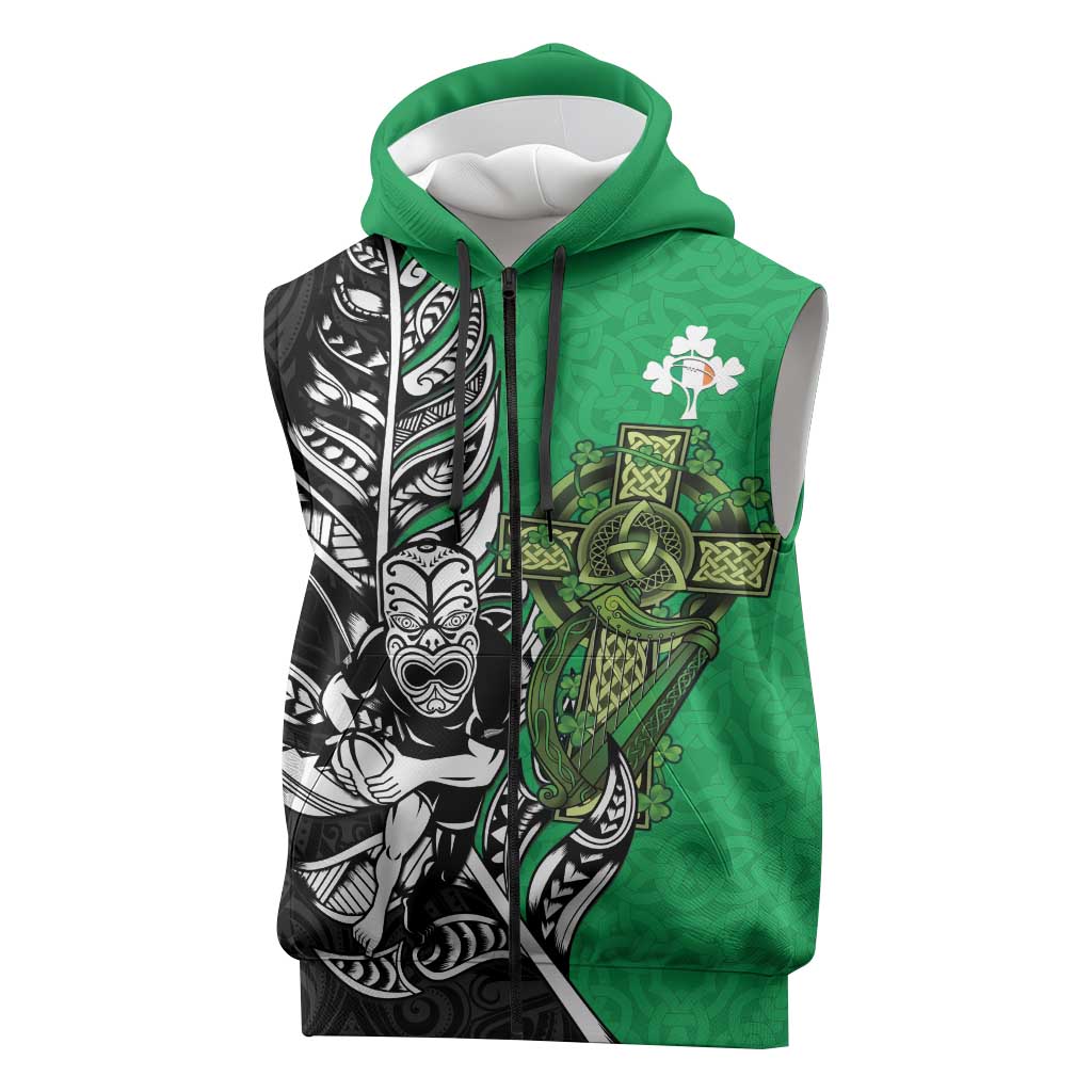 New Zealand and Ireland Rugby Custom Sleeveless Zip Hoodie Maori Tiki Fern Irish Celtic Cross LT14 Green - Polynesian Pride