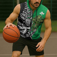 New Zealand and Ireland Rugby Custom Sleeveless Zip Hoodie Maori Tiki Fern Irish Celtic Cross LT14 - Polynesian Pride
