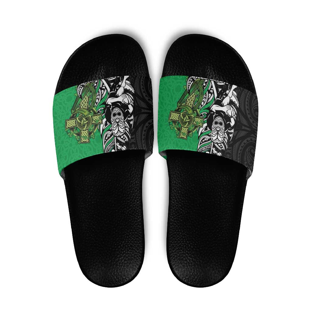 New Zealand and Ireland Rugby Custom Slide Sandals Maori Tiki Fern Irish Celtic Cross LT14 Green - Polynesian Pride