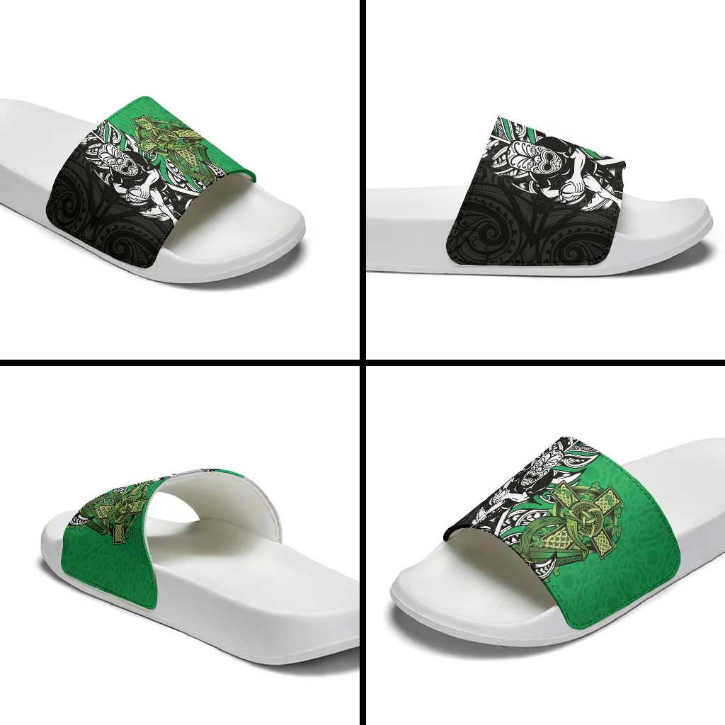 New Zealand and Ireland Rugby Custom Slide Sandals Maori Tiki Fern Irish Celtic Cross LT14 - Polynesian Pride