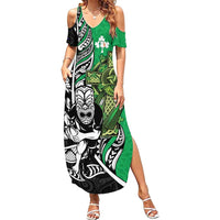 New Zealand and Ireland Rugby Custom Summer Maxi Dress Maori Tiki Fern Irish Celtic Cross LT14 Women Green - Polynesian Pride