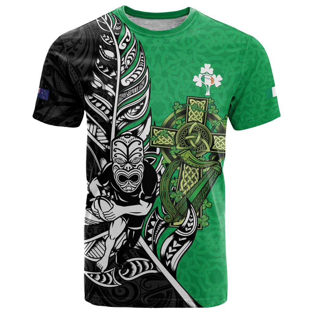New Zealand and Ireland Rugby Custom T Shirt Maori Tiki Fern Irish Celtic Cross LT14 Green - Polynesian Pride