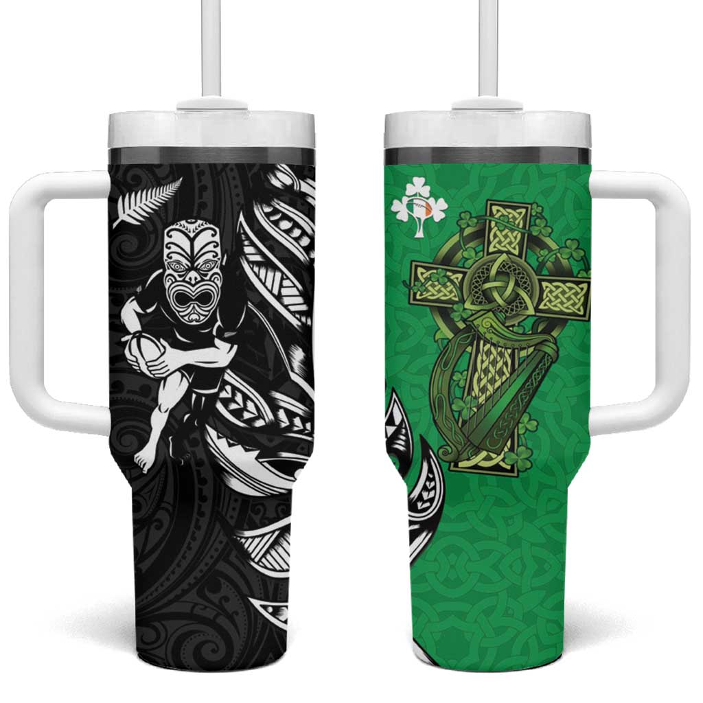 New Zealand and Ireland Rugby Tumbler With Handle Maori Tiki Fern Irish Celtic Cross LT14 One Size: 40 oz Green - Polynesian Pride