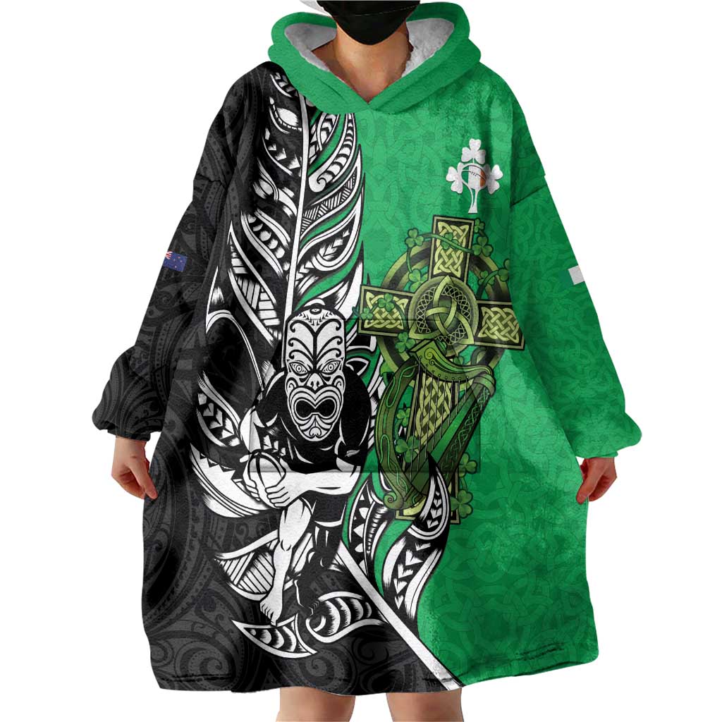 New Zealand and Ireland Rugby Custom Wearable Blanket Hoodie Maori Tiki Fern Irish Celtic Cross LT14 - Polynesian Pride