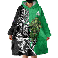 New Zealand and Ireland Rugby Custom Wearable Blanket Hoodie Maori Tiki Fern Irish Celtic Cross LT14 - Polynesian Pride