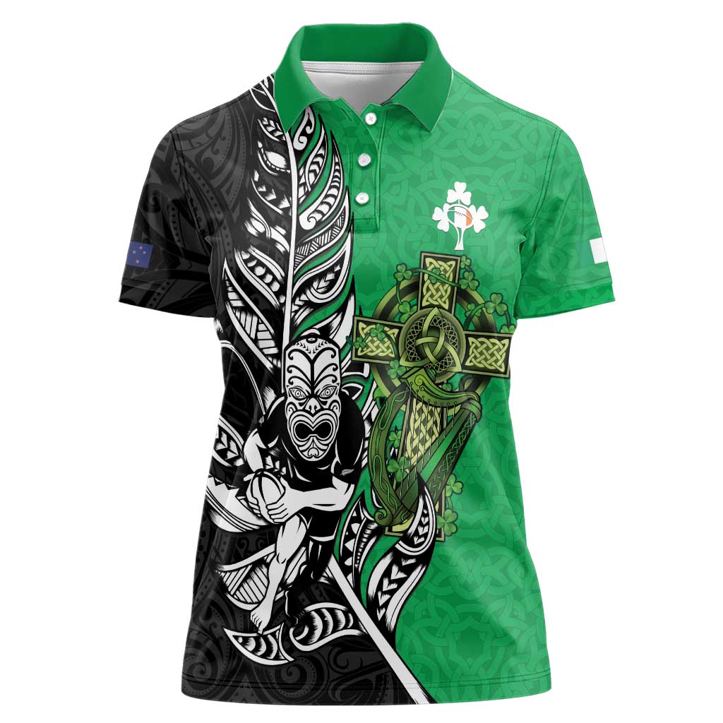 New Zealand and Ireland Rugby Custom Women Polo Shirt Maori Tiki Fern Irish Celtic Cross LT14 Female Green - Polynesian Pride