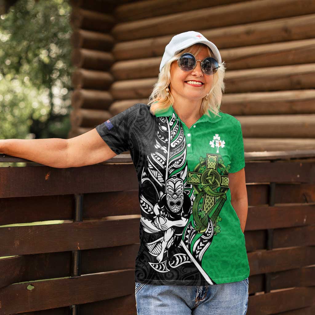 New Zealand and Ireland Rugby Custom Women Polo Shirt Maori Tiki Fern Irish Celtic Cross LT14 - Polynesian Pride