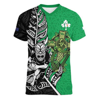 New Zealand and Ireland Rugby Custom Women V-Neck T-Shirt Maori Tiki Fern Irish Celtic Cross LT14 Female Green - Polynesian Pride