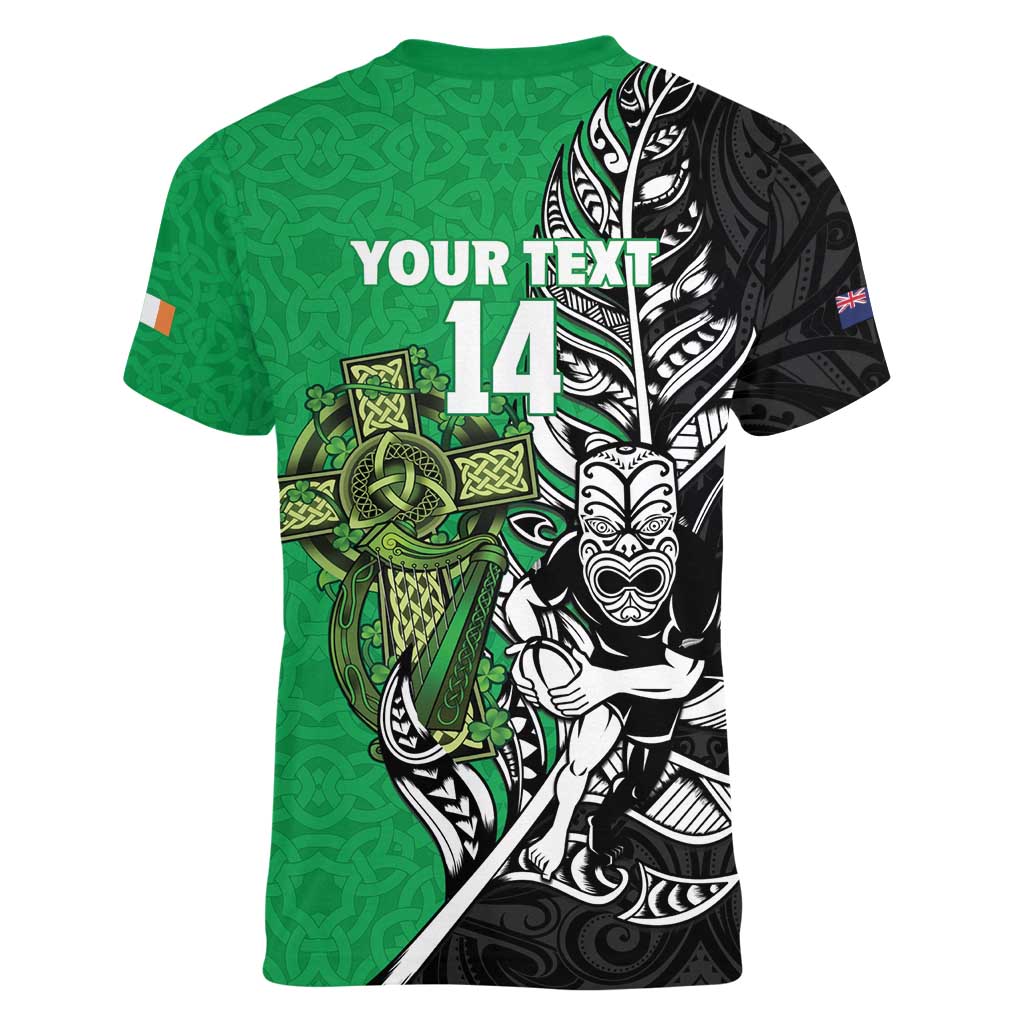 New Zealand and Ireland Rugby Custom Women V-Neck T-Shirt Maori Tiki Fern Irish Celtic Cross LT14 - Polynesian Pride