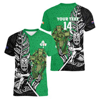 New Zealand and Ireland Rugby Custom Women V-Neck T-Shirt Maori Tiki Fern Irish Celtic Cross LT14 - Polynesian Pride