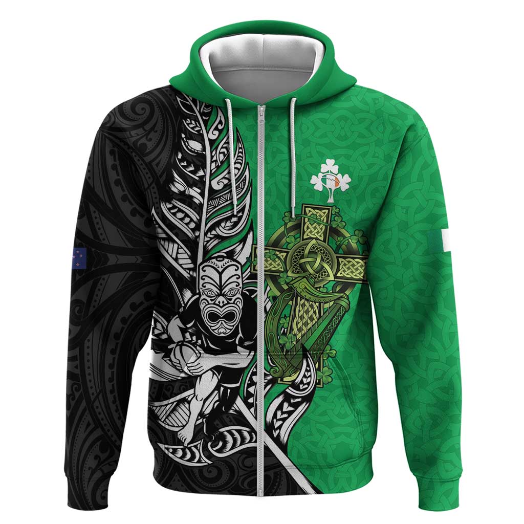 New Zealand and Ireland Rugby Custom Zip Hoodie Maori Tiki Fern Irish Celtic Cross LT14 Zip Hoodie Green - Polynesian Pride