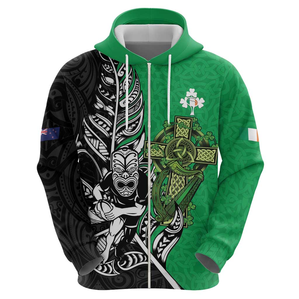New Zealand and Ireland Rugby Custom Zip Hoodie Maori Tiki Fern Irish Celtic Cross LT14 - Polynesian Pride