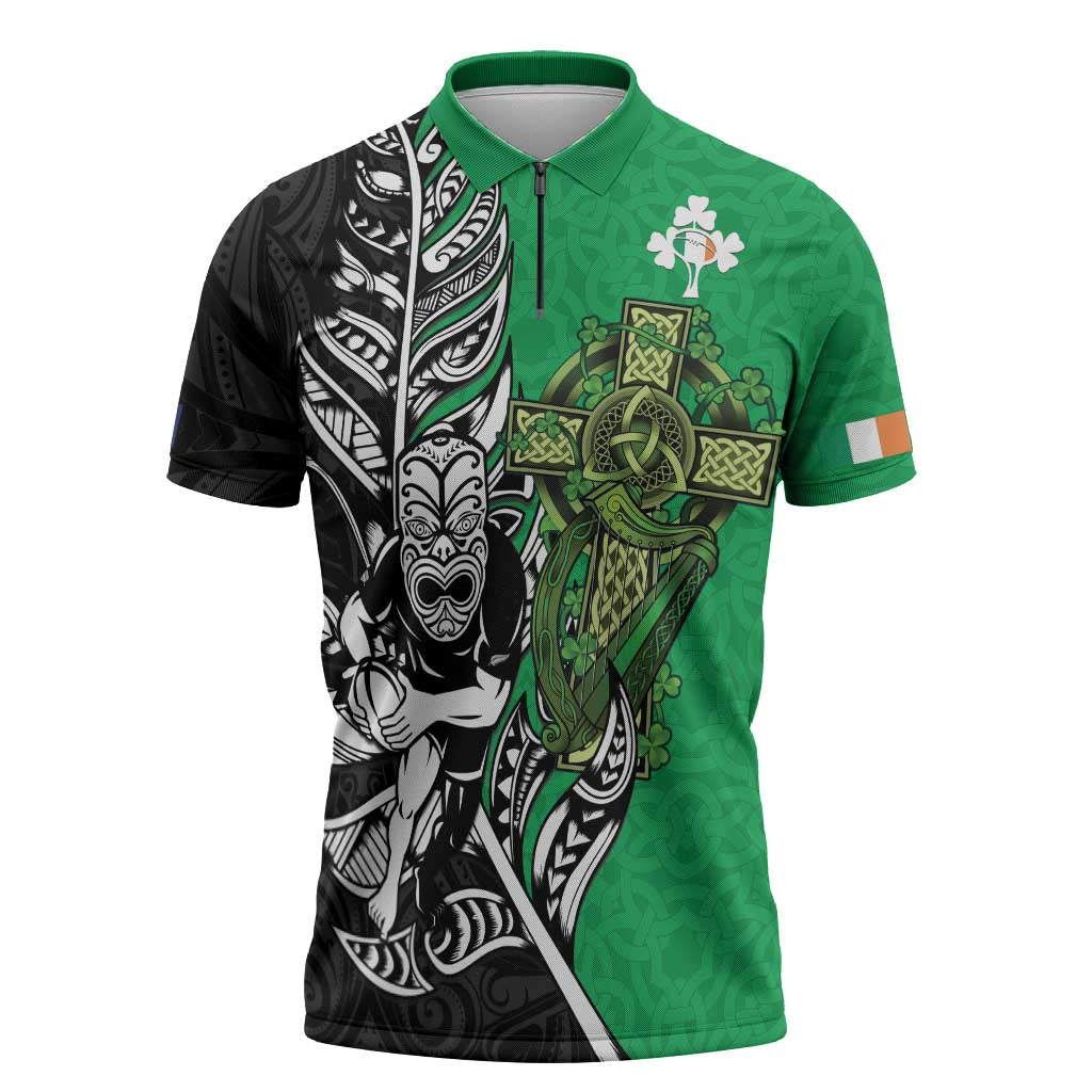 New Zealand and Ireland Rugby Custom Zipper Polo Shirt Maori Tiki Fern Irish Celtic Cross LT14 Green - Polynesian Pride