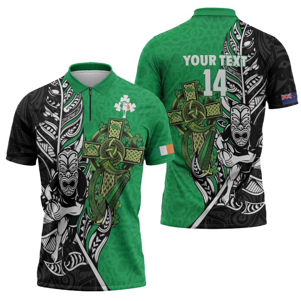 New Zealand and Ireland Rugby Custom Zipper Polo Shirt Maori Tiki Fern Irish Celtic Cross LT14 - Polynesian Pride
