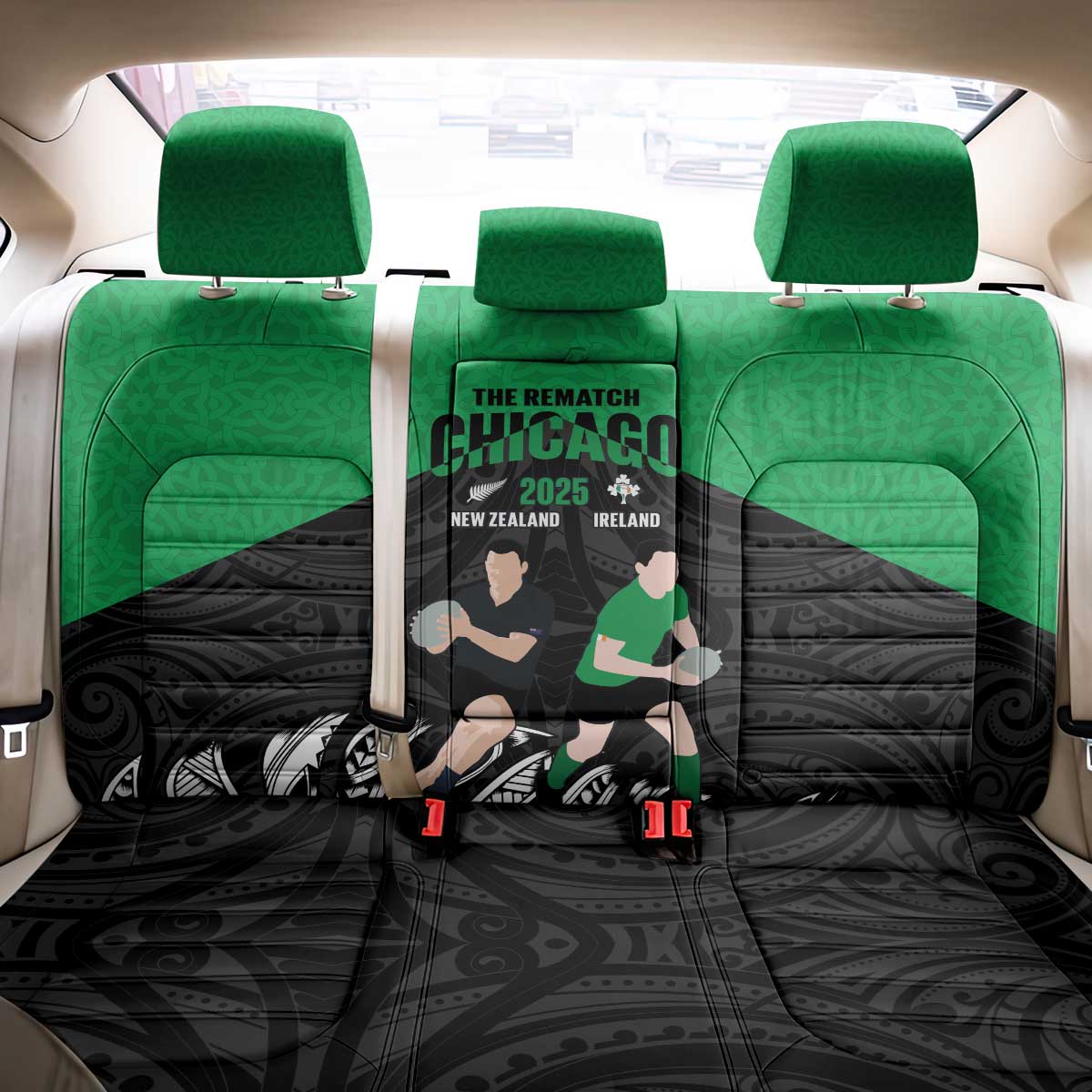 New Zealand and Ireland Rugby Back Car Seat Cover Chicago 2025 Go All Black Shamrocks LT14 - Polynesian Pride