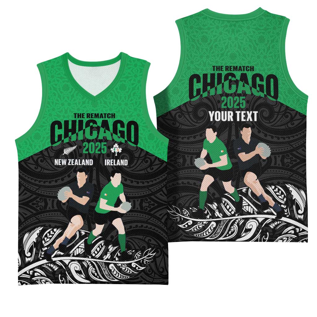 New Zealand and Ireland Rugby Custom Basketball Jersey Chicago 2025 Go All Black Shamrocks LT14 - Polynesian Pride