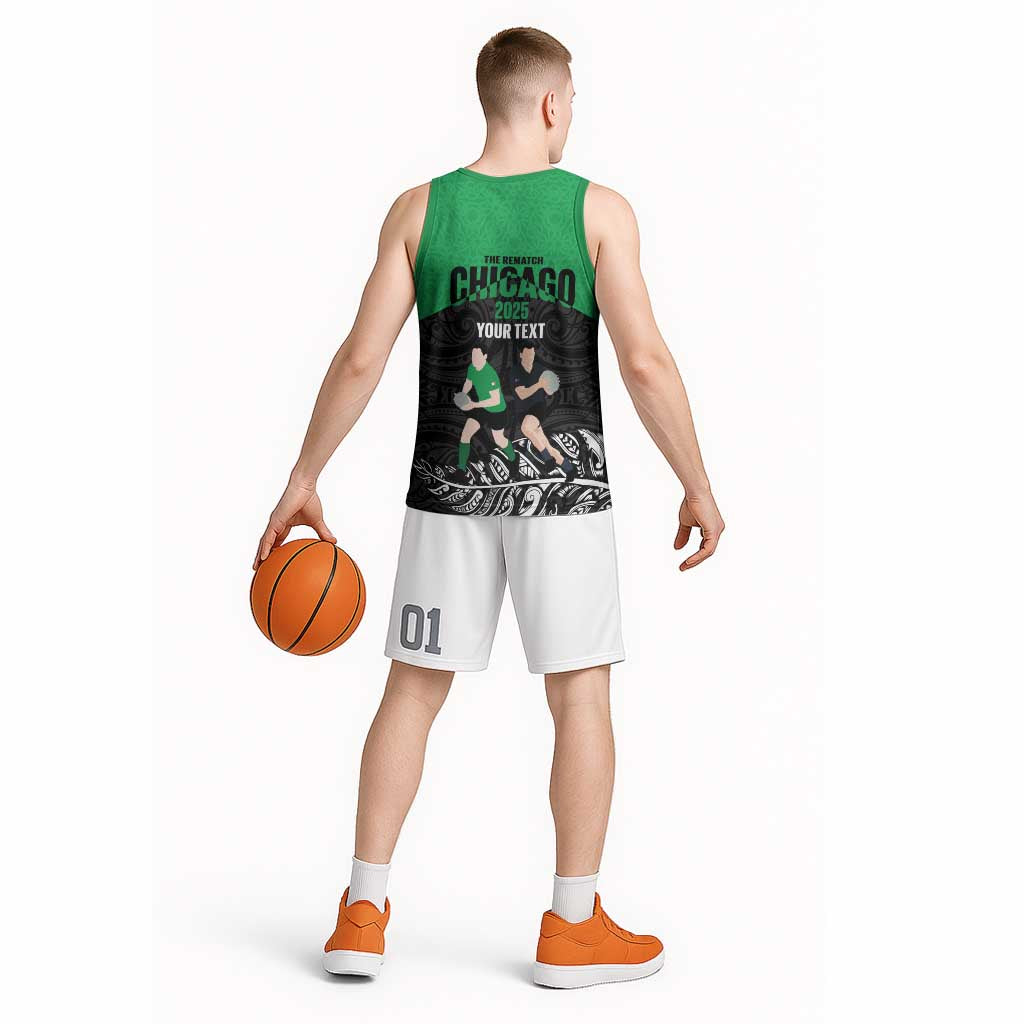 New Zealand and Ireland Rugby Custom Basketball Jersey Chicago 2025 Go All Black Shamrocks LT14 - Polynesian Pride