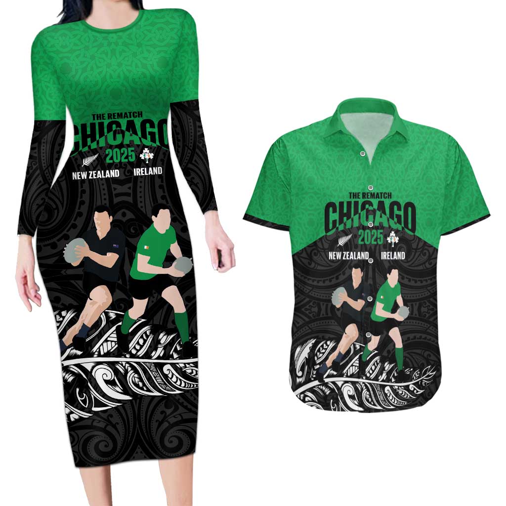 New Zealand and Ireland Rugby Custom Couples Matching Long Sleeve Bodycon Dress and Hawaiian Shirt Chicago 2025 Go All Black Shamrocks LT14 Black - Polynesian Pride