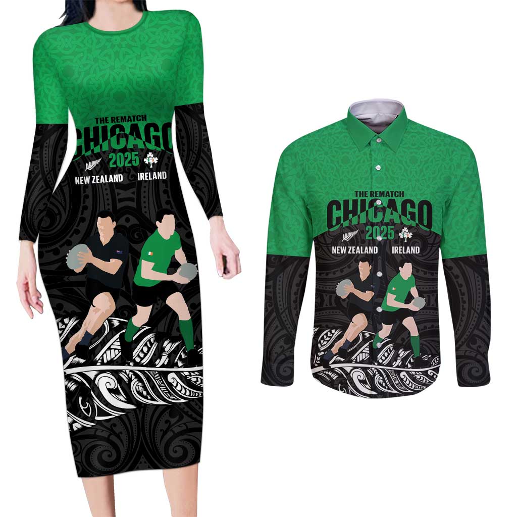 New Zealand and Ireland Rugby Custom Couples Matching Long Sleeve Bodycon Dress and Long Sleeve Button Shirt Chicago 2025 Go All Black Shamrocks LT14 Black - Polynesian Pride
