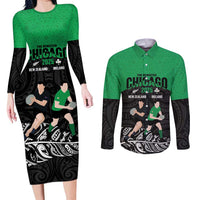 New Zealand and Ireland Rugby Custom Couples Matching Long Sleeve Bodycon Dress and Long Sleeve Button Shirt Chicago 2025 Go All Black Shamrocks LT14 Black - Polynesian Pride