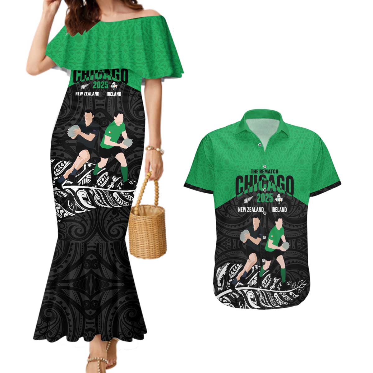 New Zealand and Ireland Rugby Custom Couples Matching Mermaid Dress and Hawaiian Shirt Chicago 2025 Go All Black Shamrocks LT14 Black - Polynesian Pride