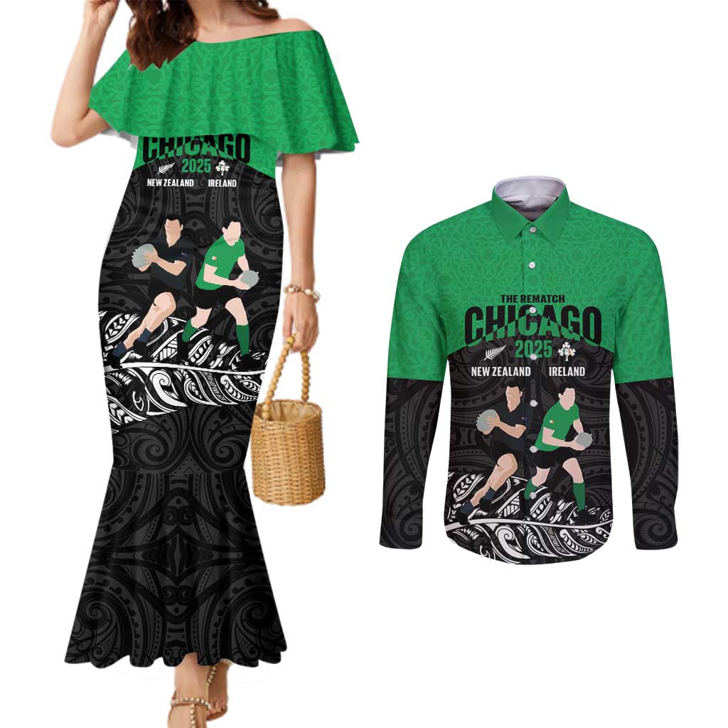New Zealand and Ireland Rugby Custom Couples Matching Mermaid Dress and Long Sleeve Button Shirt Chicago 2025 Go All Black Shamrocks LT14 Black - Polynesian Pride