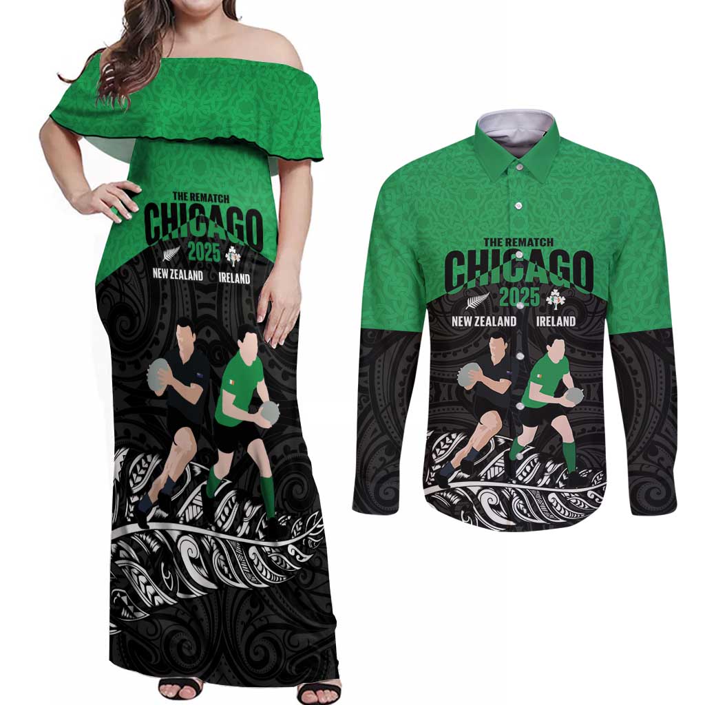 New Zealand and Ireland Rugby Custom Couples Matching Off Shoulder Maxi Dress and Long Sleeve Button Shirt Chicago 2025 Go All Black Shamrocks LT14 Black - Polynesian Pride