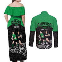 New Zealand and Ireland Rugby Custom Couples Matching Off Shoulder Maxi Dress and Long Sleeve Button Shirt Chicago 2025 Go All Black Shamrocks LT14 - Polynesian Pride