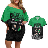 New Zealand and Ireland Rugby Custom Couples Matching Off Shoulder Short Dress and Hawaiian Shirt Chicago 2025 Go All Black Shamrocks LT14 Black - Polynesian Pride