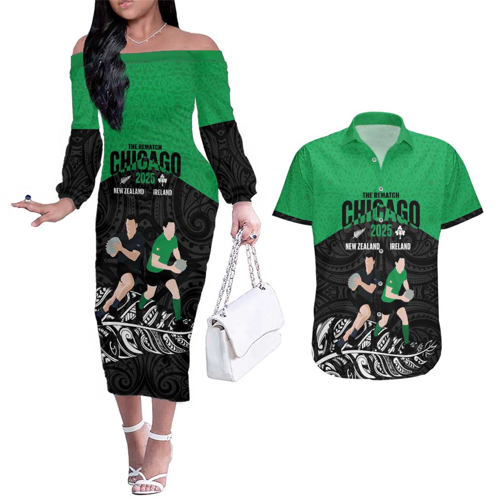 New Zealand and Ireland Rugby Custom Couples Matching Off The Shoulder Long Sleeve Dress and Hawaiian Shirt Chicago 2025 Go All Black Shamrocks LT14 Black - Polynesian Pride
