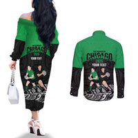 New Zealand and Ireland Rugby Custom Couples Matching Off The Shoulder Long Sleeve Dress and Long Sleeve Button Shirt Chicago 2025 Go All Black Shamrocks LT14 - Polynesian Pride