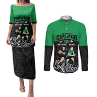 New Zealand and Ireland Rugby Custom Couples Matching Puletasi and Long Sleeve Button Shirt Chicago 2025 Go All Black Shamrocks LT14 Black - Polynesian Pride