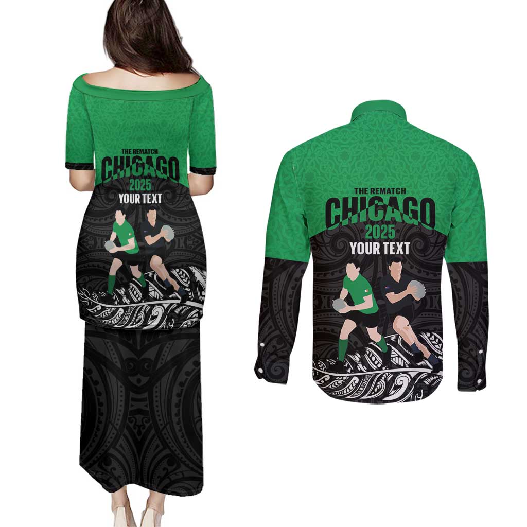 New Zealand and Ireland Rugby Custom Couples Matching Puletasi and Long Sleeve Button Shirt Chicago 2025 Go All Black Shamrocks LT14 - Polynesian Pride