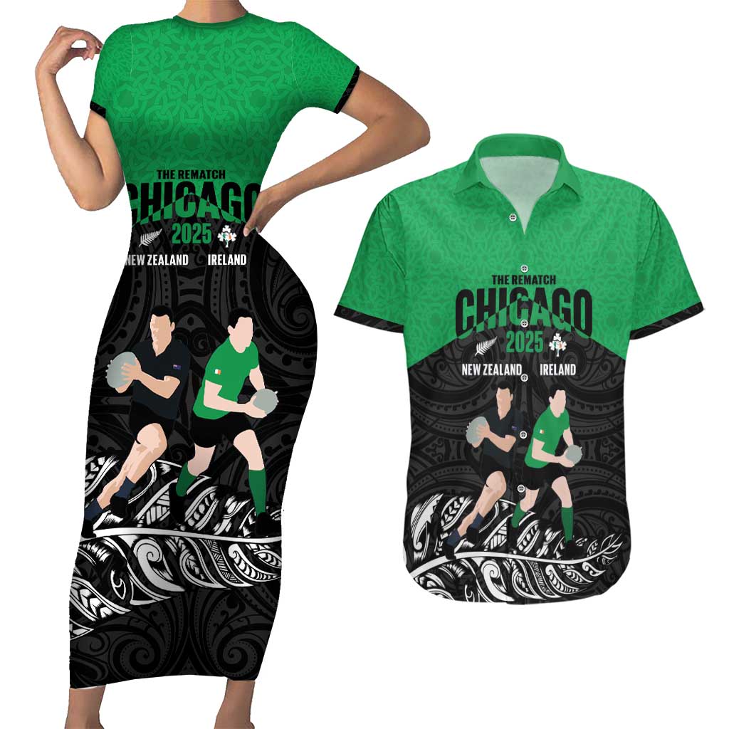 New Zealand and Ireland Rugby Custom Couples Matching Short Sleeve Bodycon Dress and Hawaiian Shirt Chicago 2025 Go All Black Shamrocks LT14 Black - Polynesian Pride