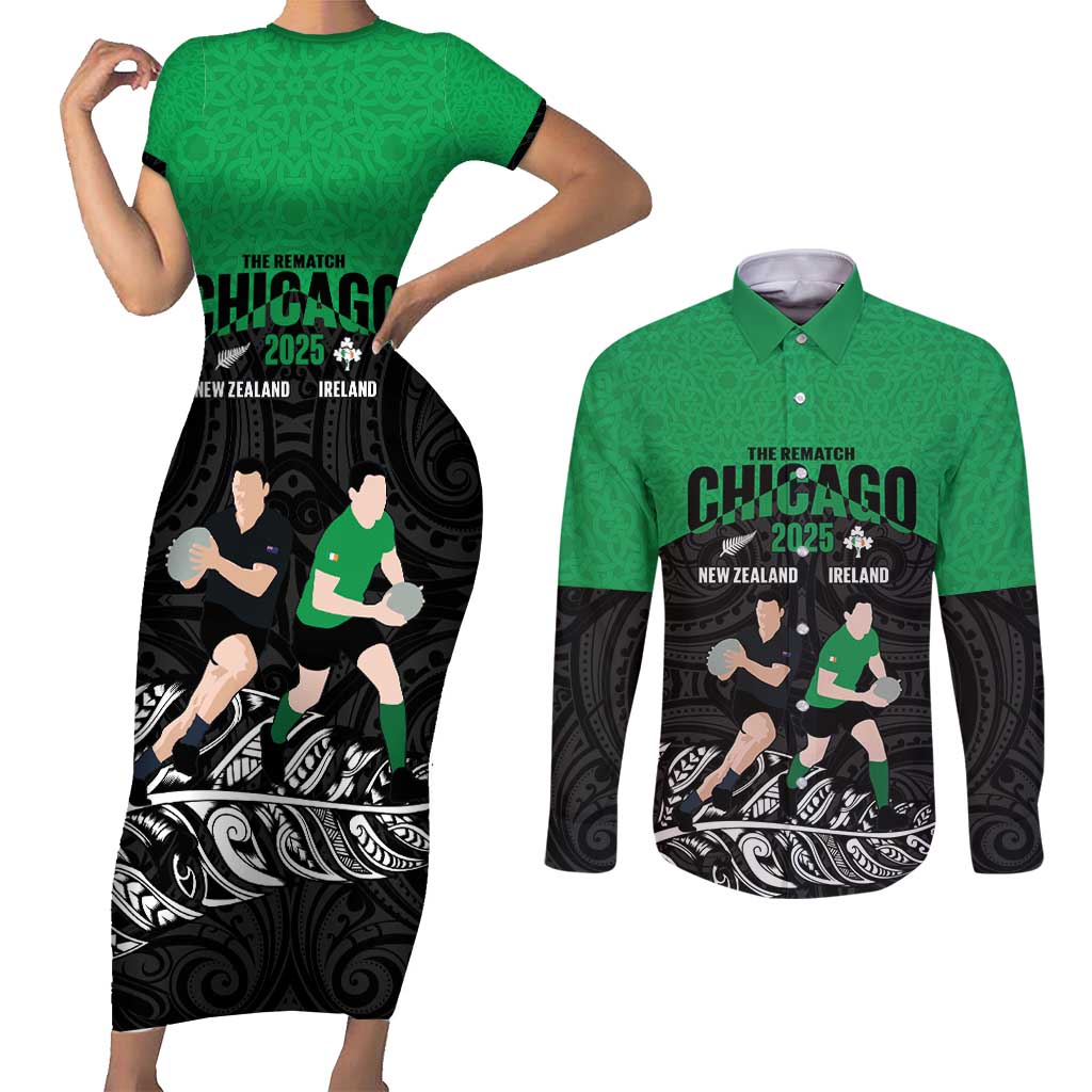 New Zealand and Ireland Rugby Custom Couples Matching Short Sleeve Bodycon Dress and Long Sleeve Button Shirt Chicago 2025 Go All Black Shamrocks LT14 Black - Polynesian Pride