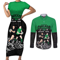New Zealand and Ireland Rugby Custom Couples Matching Short Sleeve Bodycon Dress and Long Sleeve Button Shirt Chicago 2025 Go All Black Shamrocks LT14 Black - Polynesian Pride