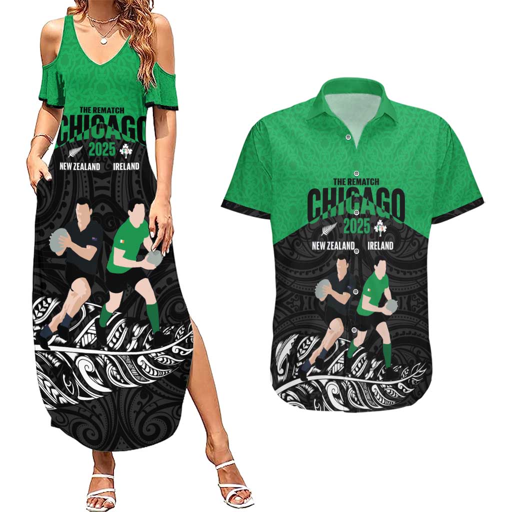 New Zealand and Ireland Rugby Custom Couples Matching Summer Maxi Dress and Hawaiian Shirt Chicago 2025 Go All Black Shamrocks LT14 Black - Polynesian Pride