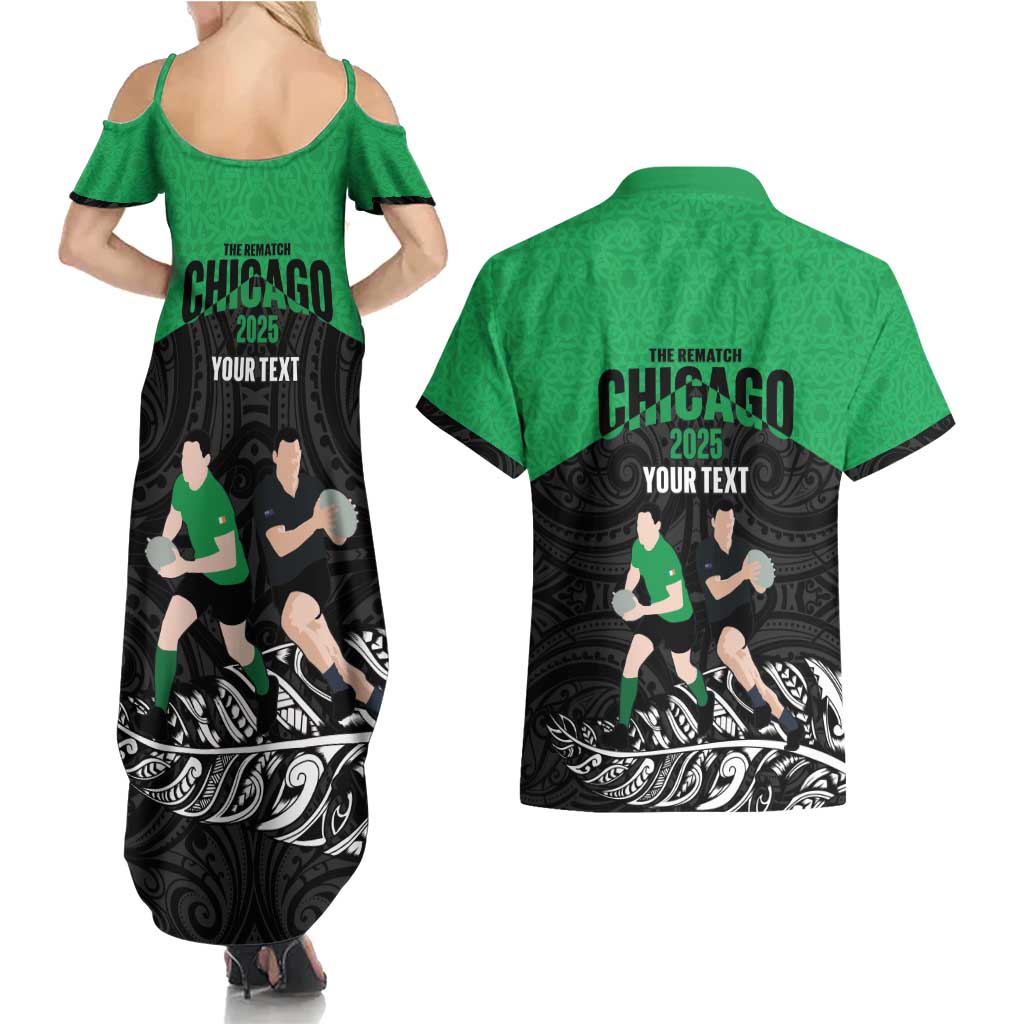 New Zealand and Ireland Rugby Custom Couples Matching Summer Maxi Dress and Hawaiian Shirt Chicago 2025 Go All Black Shamrocks LT14 - Polynesian Pride