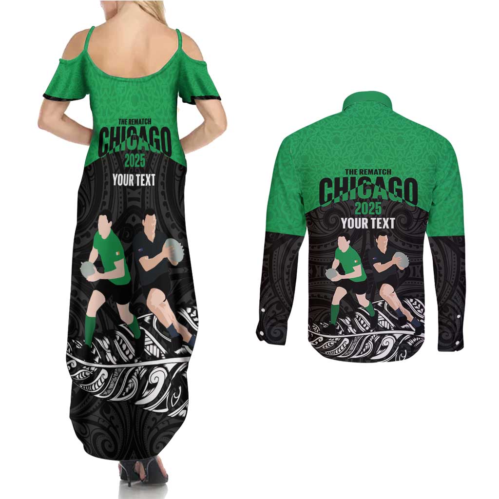 New Zealand and Ireland Rugby Custom Couples Matching Summer Maxi Dress and Long Sleeve Button Shirt Chicago 2025 Go All Black Shamrocks LT14 - Polynesian Pride