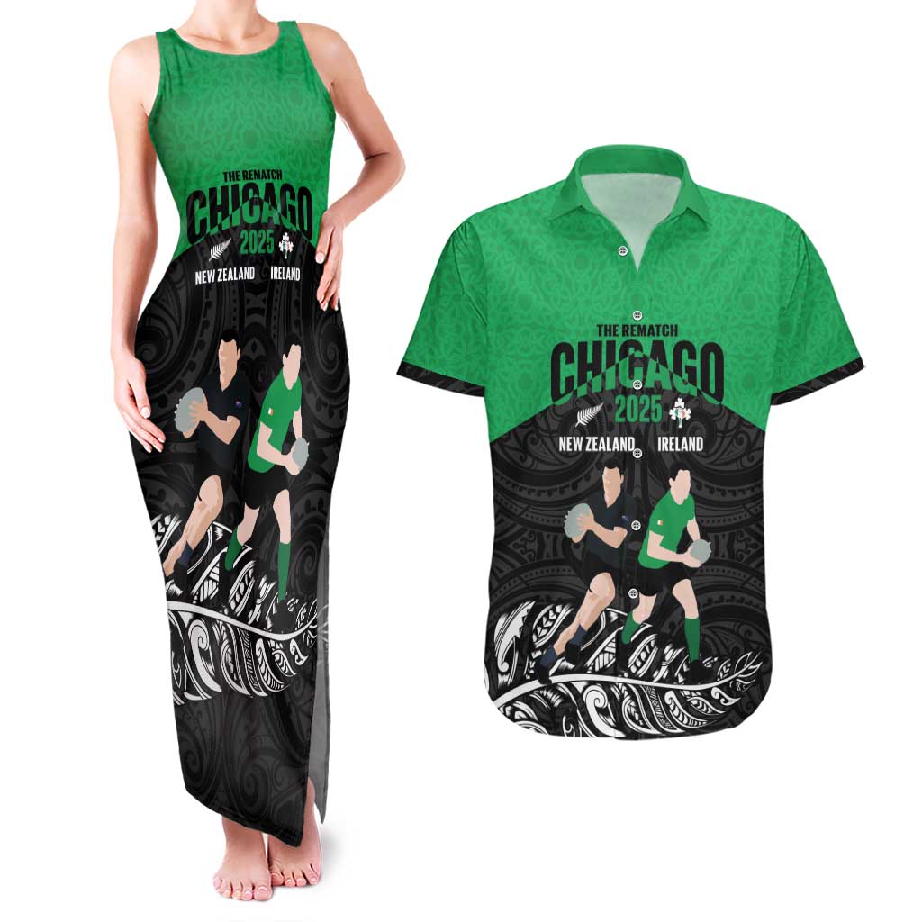 New Zealand and Ireland Rugby Custom Couples Matching Tank Maxi Dress and Hawaiian Shirt Chicago 2025 Go All Black Shamrocks LT14 Black - Polynesian Pride